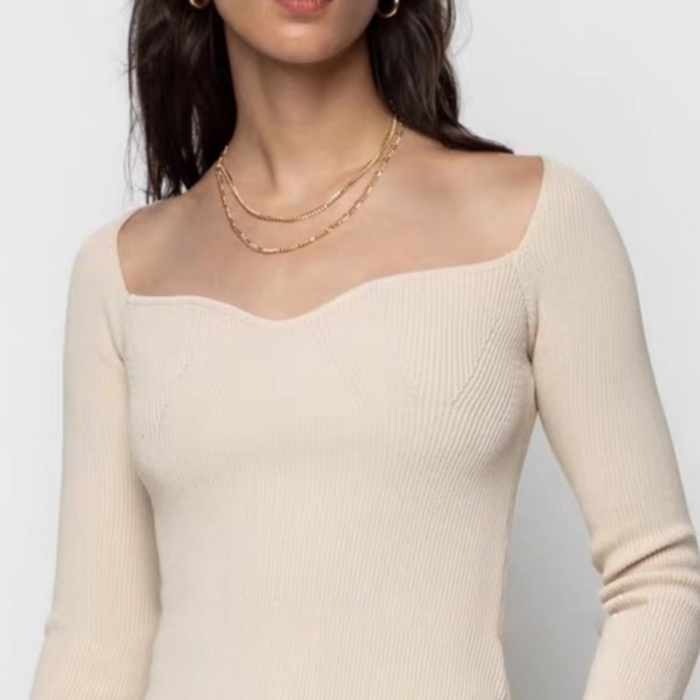 Oak + Fort Sweetheart Neckline Knit Sweather in Oatmeal, Size Small